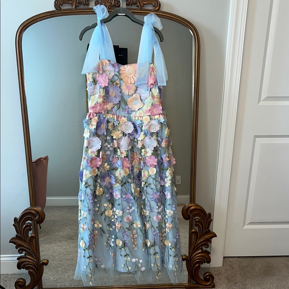 3D Floral Blue Midi Dress Size Medium